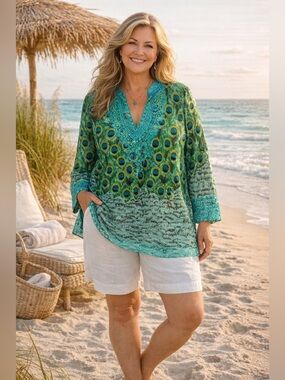 SOL Peacock Print Embroidered Tunic Top V-Neck in Green & Teal Size 3X
